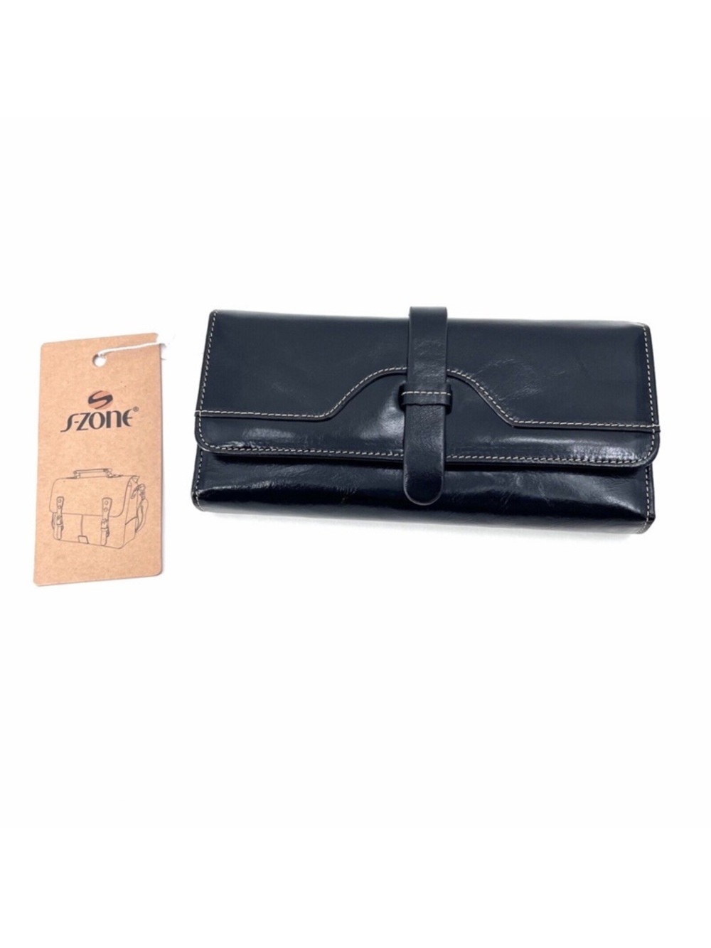 S-ZONE Womens Black Genuine Leather Tri-Fold Long Wallet